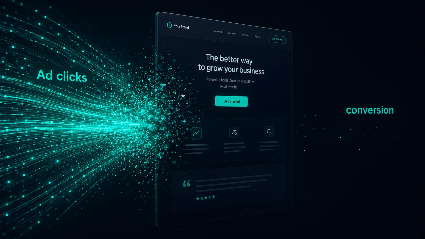 A strong stream of ad clicks hitting a landing page and scattering before reaching conversion